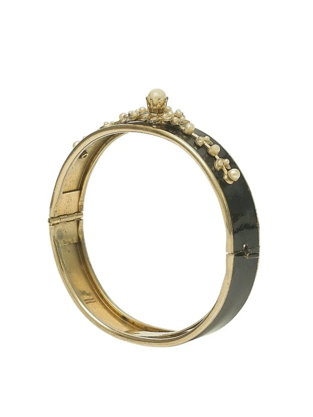 Vintage Victorian Revival Bangle Bracelet Black Enamel Faux Pearl Goldplate